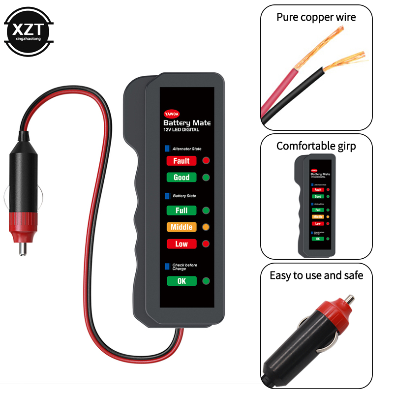 Power Tools China - เครื่องทดสอบแบตเตอรี่รถยนต์ จอแสดงผล LED 6 ดวง ช่องเสียบที่จุดบุหรี่